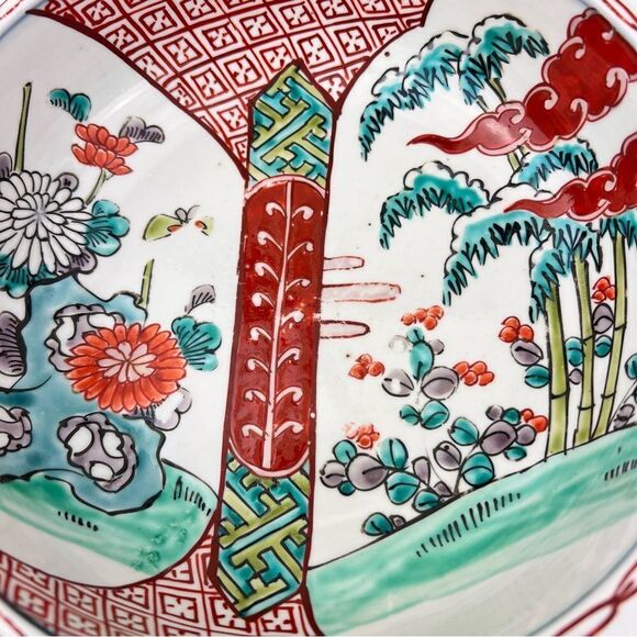 Japanese Imari Polychrome Vintage Meiji Period Flower Landscape Scene Arita Bowl - Picture 6 of 16